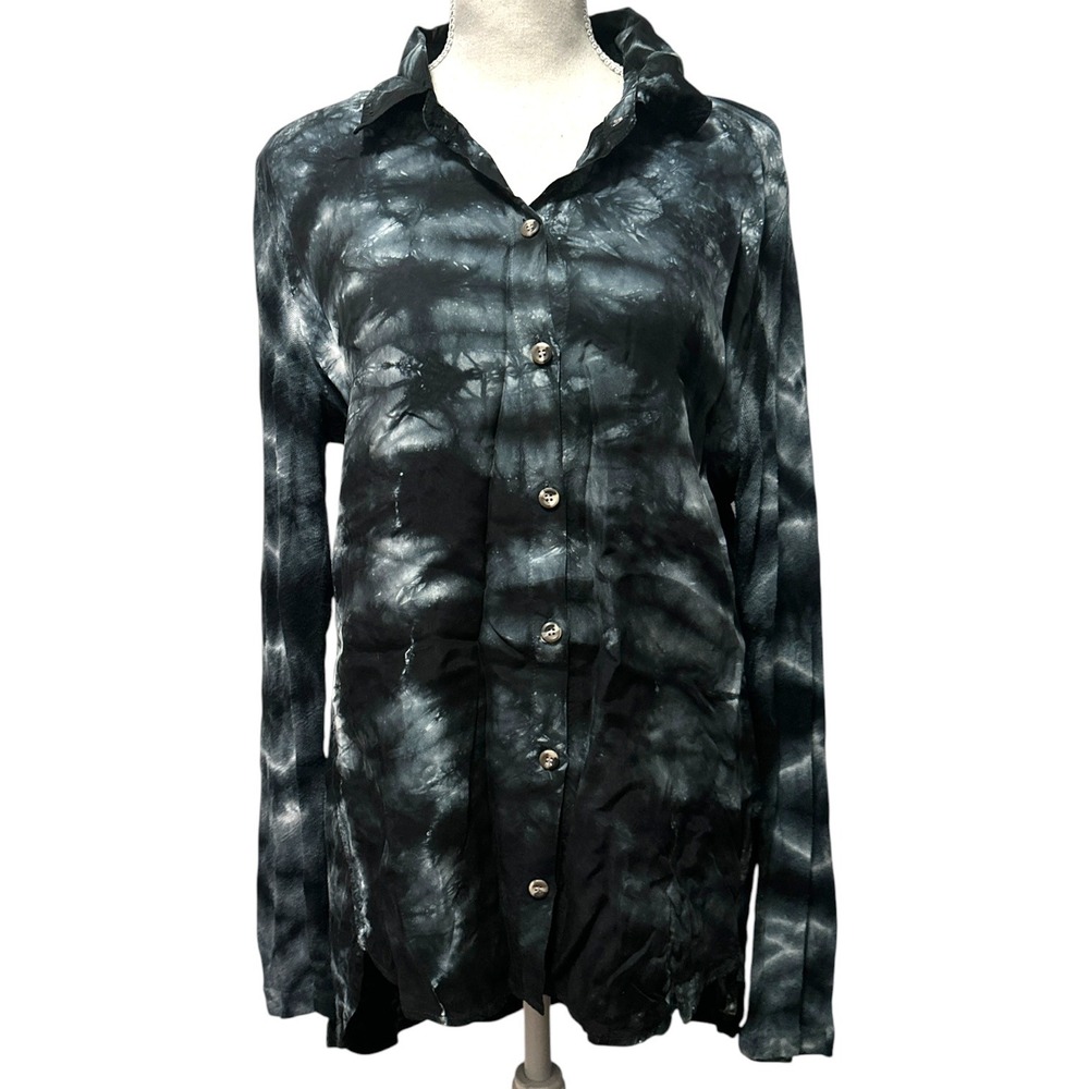 Soft Surroundings Black Grey Tie Dye Button Down Tunic Shirt‎ Women's  M Artsy